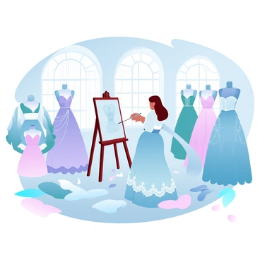 A fashion illustrator is standing at an easel, sketching "elegant Victorian dresses" with flowing fabrics and intricate lace details. The atelier is filled with "bolts of colorful fabric" and various "sewing tools" scattered around. Nearby, several "models" are waiting, each dressed in "stunning Victorian attire" with corsets and large skirts. Sunlight filters through large windows, casting warm light across the room. There are several "fabrics draped on mannequins," showcasing the intricate designs being created. The atmosphere is vibrant and filled with creativity.
