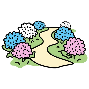 A winding garden pathway made of light-colored stones leads through a vibrant garden. The pathway is bordered on both sides by lush hydrangea bushes in various shades of blue, pink, and white. The bushes are full and dense, with leaves glistening in the sunlight. Small patches of green grass peek through the stones of the pathway, enhancing the natural beauty of the scene.