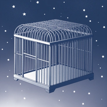 A night sky filled with numerous stars. The stars are arranged in a way that outlines a giant, celestial cage. The cage appears intricate, with rounded arches and bars that mimic the structure of a large enclosure. The background is filled with a deep sense of space, enhancing the prominence of the cage's outline against the vastness of the sky.