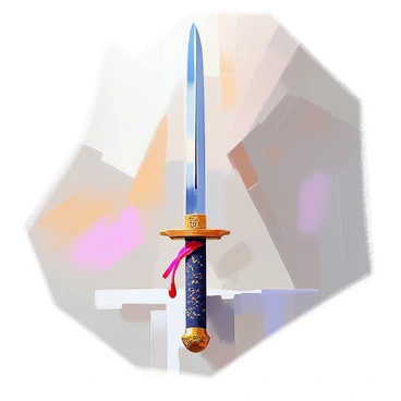 A samurai sword with a gleaming blade is displayed prominently, catching the light and reflecting its surroundings. The blade is long and elegantly curved, showcasing intricate engravings along its length. At the tip of the blade, a single drop of blood clings delicately, glistening against the polished steel. The hilt of the sword is wrapped in traditional black and gold fabric, featuring ornate designs that highlight the craftsmanship. The sword is positioned against a neutral backdrop, emphasizing its striking details and powerful presence.