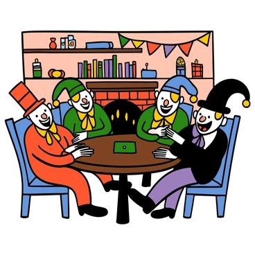 A group of four jokers with varying features is sitting around a round wooden table, playing cards. One joker has a red and white costume with a tall hat, another is wearing a green and yellow ensemble, the third has a blue and purple outfit, and the last one sports a black and white design. They are all laughing heartily, with big smiles on their faces, showcasing their playful nature. The cozy room has warm lighting, a brick fireplace in the background, and shelves filled with books and trinkets. A few colorful banners are hanging from the walls, adding to the cheerful atmosphere.