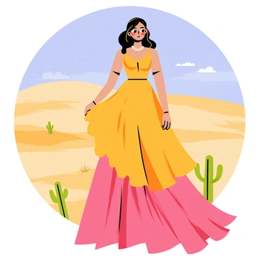 A model wearing a flowing flounce gown in vibrant shades of orange and pink. The gown features multiple layers that cascade elegantly around her as she stands confidently. Her hair is styled in loose waves, flowing with the desert breeze. In the background, a vast desert landscape stretches out, with rolling sand dunes and a clear blue sky overhead. A few cacti and sparse vegetation dot the scene, emphasizing the arid environment. The sunlight casts warm shadows, enhancing the colors of both the gown and the desert.