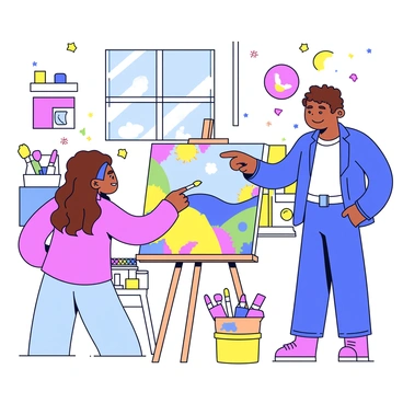 A mentor with short brown hair is standing beside a young artist. The young artist has long, curly hair and is focused on painting a colorful landscape on a canvas. The studio is filled with bright, vibrant colors, with splashes of paint on the walls and several brushes and paints scattered around. Sunlight streams through a large window, illuminating the workspace. The mentor is pointing towards the canvas, offering guidance, while the young artist is holding a brush with a palette in the other hand.