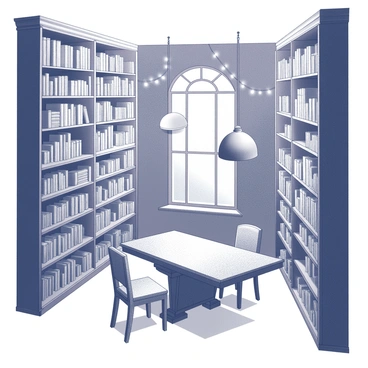 A large library filled with towering bookshelves that reach the ceiling. The shelves are lined with numerous books, some of which appear to be floating mid-air. Several strands of twinkling lights are strung throughout the space, illuminating the room softly. A large, ornate wooden reading table sits in the center, surrounded by comfortable chairs. There are large windows that allow soft light to filter in, giving the room a warm atmosphere.