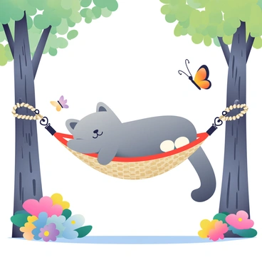 A fluffy gray cat with white paws is napping comfortably in a woven hammock. The hammock is suspended between two trees with textured, rough bark. Around the hammock, vibrant flowers in shades of pink, yellow, and blue are blooming, creating a colorful frame. A few butterflies with delicate wings in shades of orange and black are fluttering nearby, enhancing the lively atmosphere. The sunlight filters through the leaves, casting soft shadows on the ground below.