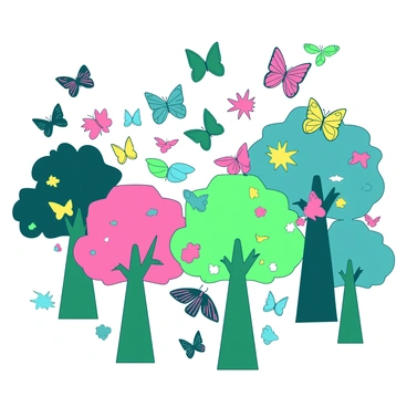 A collection of colorful paper butterflies is fluttering gracefully among paper trees. The butterflies display an array of designs and shapes, each with its own unique colors. The paper trees are crafted from textured paper, featuring green trunks and vibrant, multi-colored foliage. The scene captures the movement of the butterflies as they navigate through the whimsical forest of paper trees. Light filters through the branches, creating a playful atmosphere filled with dynamic motion.