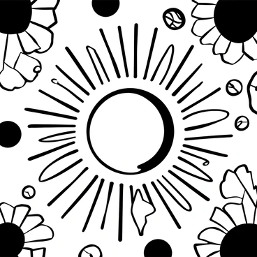 A decorative sunburst mirror with radiating rays is centrally positioned on a patterned wall. The wall features intricate shapes creating a dynamic backdrop. The mirror reflects the surrounding patterns. The sunburst design includes elongated spikes extending outward, giving it a vibrant visual presence.