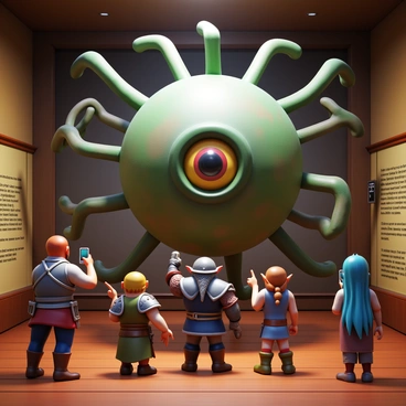 A beholder, a large floating creature with a spherical body and multiple eyestalks, is displayed as an exhibit in a fantasy creature museum. The beholder's skin is mottled with shades of green and gray, and its central eye is large and menacing. In front of the exhibit, a group of fascinated visitors, including a dwarf in ornate armor, a tall elf with long hair, and a curious human child, observe the creature in awe. The museum's walls are adorned with mystical artifacts and detailed descriptions of other creatures, creating an immersive atmosphere. The visitors are pointing and whispering to each other while taking pictures of the beholder.