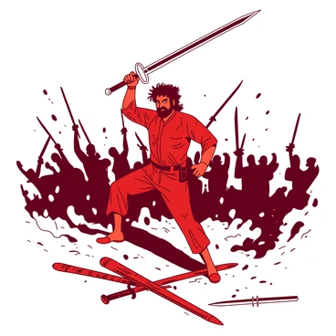 A red Gabbar Singh with intense eyes is depicted in a dynamic pose, wielding a gleaming silver sword high above his head. He is surrounded by a swirl of dust and debris, capturing the chaos of a dramatic fight scene. In the background, there are shadowy figures of adversaries with raised weapons, emphasizing the tension of the moment. Gabbar's attire consists of a traditional outfit with intricate patterns, adding to his imposing presence. The ground is scattered with fallen weapons, further illustrating the intensity of the battle.