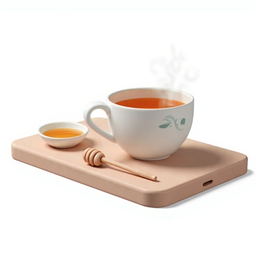 A steaming cup of tea, with a delicate porcelain surface and a subtle floral design, sits on a wooden table. The tea is a rich amber color, with gentle wisps of steam rising from the surface. Next to the cup, a small dish of honey rests, its golden hue glistening under the light. A wooden honey dipper, with its spiral grooves, is positioned elegantly beside the honey, ready to drizzle the sweet liquid. The overall scene reflects a warm and inviting atmosphere, perfect for a moment of relaxation.