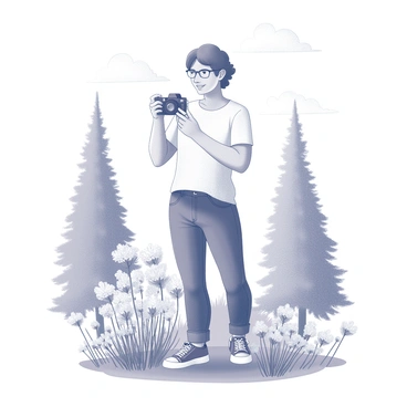 A person standing in a natural environment, holding a camera up to their eye, focused on capturing a photograph. The individual has an expression that conveys joy and confidence, with a broad smile visible. Surrounding them are various elements of nature, including tall trees, wildflowers in the foreground, and a clear sky above. The person's attire is casual and comfortable, suited for outdoor activities. The scene encapsulates a moment of connection with nature and the enthusiasm of photography.