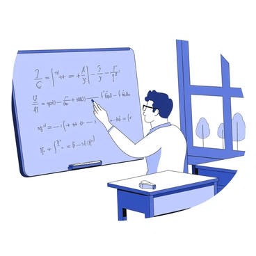 A teacher is standing in front of a blackboard, writing complex equations with a piece of chalk. The teacher is wearing glasses and has a concentrated expression on their face, showcasing focused determination. The blackboard is filled with various mathematical symbols and formulas, including fractions, integrals, and variables. The classroom has wooden desks arranged in rows, and there is a window in the background showing a glimpse of trees outside. A chalk eraser rests on the ledge, ready for use.