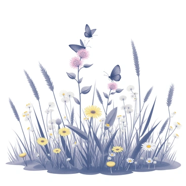 A meadow filled with various wildflowers and milkweed plants. The milkweed has clusters of pinkish blossoms, with several butterflies perched delicately on the flowers. Tall blades of grass sway gently in the breeze, creating a sense of movement across the scene. Among the wildflowers, there are yellow daisies and white clovers, each contributing to the vibrant mixture of shapes and textures. The overall composition showcases a rich tapestry of flora in this natural setting.