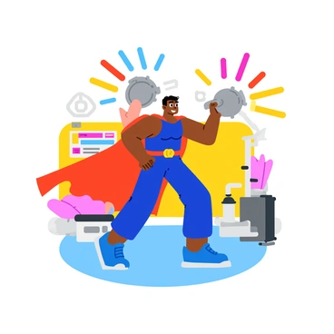 A cartoon superhero with a bright blue and red costume is performing exaggerated kettlebell swings. The superhero has a strong, muscular physique and an oversized kettlebell in their hands. Each swing of the kettlebell sends colorful bursts of energy radiating outward, creating trails of light behind. The setting features a vibrant gym background with exercise equipment and motivational posters on the walls. The superhero's cape flows dramatically with each movement, emphasizing their action-packed workout.