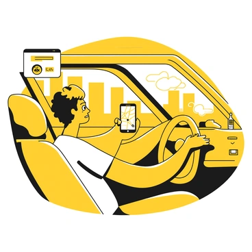 A person sitting in the driver's seat of a car, focused on their smartphone, which displays a digital map with route details. The driver is wearing a casual shirt and has short hair. The interior of the car is organized, with a small phone holder on the dashboard and a water bottle in the cup holder. Outside the car window, city buildings are visible, indicating a busy urban environment. The driver's expression shows concentration as they wait for a ride request.