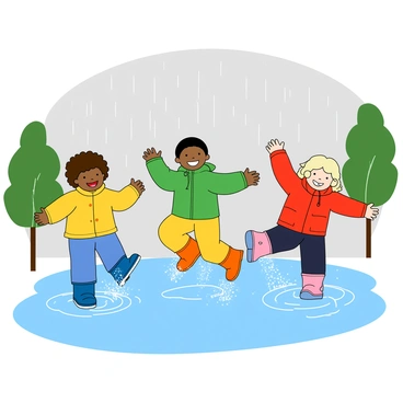 A group of three children, two boys and one girl, are joyfully jumping and splashing in large puddles created by a light rain shower. The first boy has curly brown hair and is wearing a bright yellow raincoat and blue rubber boots. The second boy, with straight black hair, is dressed in a green rain jacket and orange boots, laughing as he leaps into a puddle. The girl has wavy blonde hair and is wearing a red raincoat with pink rain boots, her arms raised in excitement as water sprays around her. The background features a gray sky with soft raindrops falling, and a few green trees on the sides, adding to the playful atmosphere. Each splash creates concentric ripples on the water surface, enhancing the lively scene.