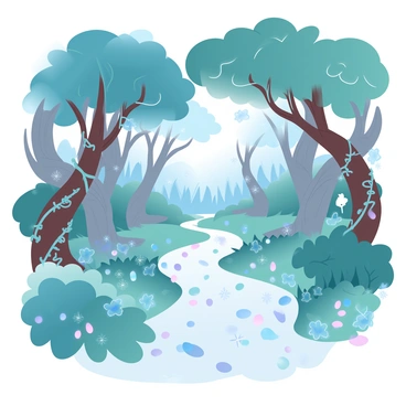 A pathway is covered in thick, lush grass and intertwined vines, leading into a dense forest. The pathway is lined with large, overgrown shrubs and wildflowers in various colors. Tall trees with wide trunks stand on either side of the path, their leaves forming a canopy that casts shadows on the ground. Soft, diffused light filters through the leaves, creating a magical ambiance. In the distance, the forest appears darker, hinting at the secrets hidden within. A scattering of fallen leaves and branches adds to the ancient, untouched feel of the scene.