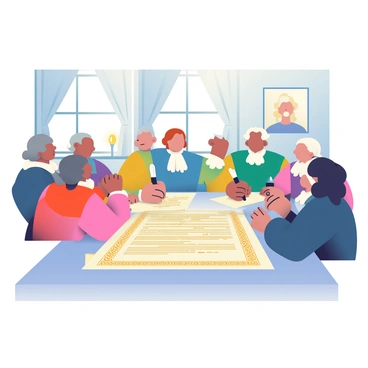 A group of historical figures is gathered around a large wooden table, signing a confederation document. The figures, dressed in 18th-century attire, display a variety of clothing styles including tailored jackets, waistcoats, and powdered wigs. Each figure holds a quill pen, poised above the document which lies open in the center of the table. The document features elegant calligraphy and intricate designs at the edges. A lit candle flickers on the table, casting a warm glow on the scene. In the background, there are tall windows with curtains drawn aside, allowing natural light to illuminate the room. The walls are adorned with framed portraits of influential leaders, adding to the historical ambiance.