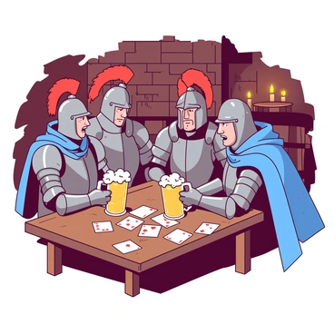 A group of four knights in shining armor is gathered around a wooden table in a medieval tavern. Each knight has a tankard of ale in front of them, froth spilling slightly over the rim. The knights are intently focused on a spread of playing cards laid out on the table. One knight, with a red plume on his helmet, is leaning forward with a smirk while another knight, adorned with a blue cape, looks surprised. The tavern's stone walls are illuminated by flickering candlelight, casting warm shadows across the room. In the background, barrels and rustic decorations add to the medieval atmosphere.