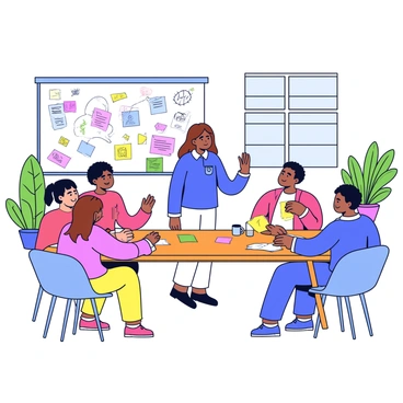A woman stands at the front of a casual startup space, engaging her team during a brainstorming session. She has shoulder-length brown hair and wears a comfortable blue sweater. Around a large wooden table, team members share ideas, with various colorful sticky notes scattered across the surface. The background includes whiteboards filled with handwritten notes and sketches, and there are plants in the corners, adding a touch of greenery to the environment. A large window allows natural light to fill the room.