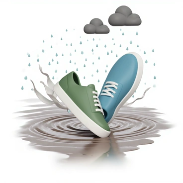 A pair of soccer shoes splashing through puddles on a rainy day at the field.