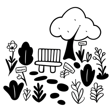 A garden filled with diverse plants of various shapes and sizes. Each plant has a small sign next to it, clearly displaying a word representing a different virtue or talent, such as "Courage," "Wisdom," "Patience," and "Creativity." The plants are arranged in a way that showcases their uniqueness, with some having broad leaves while others have delicate flowers. There are pathways made of stones weaving through the garden, leading to a wooden bench positioned under a large tree.