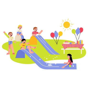 A vibrant scene of children sliding down a long slip-n-slide, their faces full of joy as they splash into a small pool at the end. Colorful balloons in shades of red, blue, yellow, and green are scattered around, tied to picnic tables. In the background, a picnic setup includes a red and white checkered tablecloth laid out with a variety of snacks like sandwiches, fruit, and juice boxes. The sun is shining brightly, casting playful shadows on the grass, adding to the festive atmosphere.