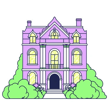 The exterior of a historic mansion stands tall with intricate architectural details. The façade features ornate columns and large arched windows. Surrounding the mansion, there are lush green hedges and a pathway leading to the grand entrance. Through the windows, a hint of "yellow wallpaper" can be seen, adding a touch of warmth to the stately appearance. The sky above is clear, enhancing the dignified presence of the mansion against the landscape. Various flowering plants are positioned near the base of the building, contributing to the lush environment.