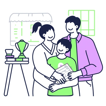 A pair of parents are smiling and hugging their child in a cozy living room. The child, a young student, is holding a report card that displays excellent grades. The mother is wearing a light-colored sweater and has her hair tied back, while the father is dressed in a casual button-up shirt. The child, with a big smile, is wearing a colorful t-shirt. In the background, there is a small table with a few books and a trophy, symbolizing academic success. The atmosphere is filled with warmth and joy.