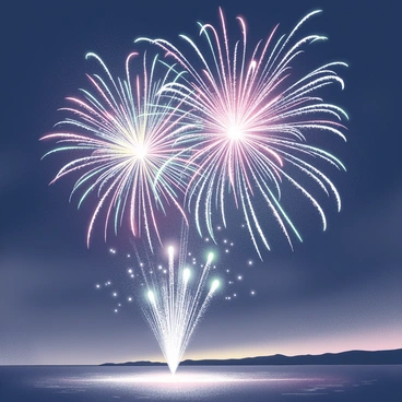 A night sky filled with a vibrant display of fireworks. Each firework erupts in various shapes and patterns, illuminating the darkness. The bursts of light create a dynamic scene, with trails of light fading as they blend into one another. The spectacle is framed by a calm horizon, enhancing the focus on the colorful explosions above.