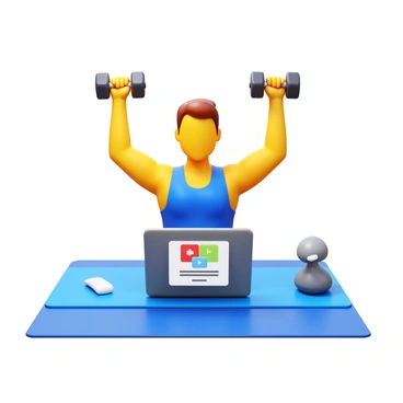 A person performing a dumbbell shoulder press is positioned centrally in the image. The individual is focused on their exercise, lifting two dumbbells above their head. In front of them, a laptop is open, displaying an online class interface. The background is a simple home workout space, featuring a yoga mat on the floor and a few fitness accessories nearby. The person is dressed in athletic wear, and their expression conveys determination. The scene is well-lit, highlighting the person's movements and the laptop screen.
