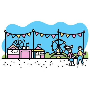 A spring fairground scene featuring colorful bunting strung between tall poles. In the background, there are amusement rides, including a ferris wheel and a carousel, both adorned with bright lights. A variety of booths display games and prizes, while people stroll around, enjoying the lively atmosphere. The ground is covered with a mix of grass and gravel, and the sky is clear blue, indicating a sunny day.