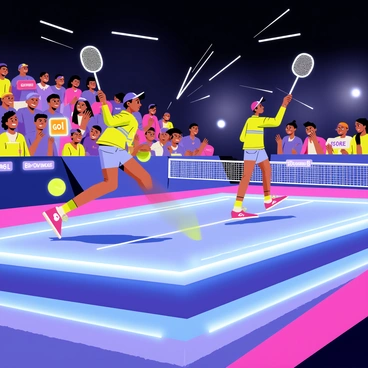 A high-tech badminton match taking place on a sleek, futuristic hover court. Players are dressed in athletic gear with bright neon colors, showcasing their dynamic movements. The court is elevated and surrounded by glowing lights. "Glowing birdies" are zooming through the air, leaving trails of light as they are hit back and forth. The audience, shown in the background, is cheering with excitement, with some holding glowing signs that read "Go!" and "Score!" The atmosphere is vibrant and energetic, filled with colorful lights reflecting off the court surface.