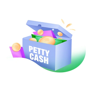 A small, light blue box labeled "Petty Cash" in bold, white letters sits on a flat surface. The box is slightly open, revealing a mix of shiny coins and small denominations of colorful bills inside. The coins are scattered on top of the bills, reflecting light with their different metallic hues. The background includes a soft, pastel gradient that enhances the focus on the box and its contents.