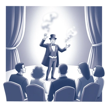 A stage with a magician in the center, wearing a classic black tuxedo and a top hat. The magician is executing a mesmerizing illusion, with one hand raised dramatically as a cloud of white smoke billows around him. The audience is comprised of diverse individuals, with expressions of astonishment and wonder on their faces, some leaning forward in their seats. The setting is illuminated by bright stage lights, accentuating the magician and the surrounding atmosphere of excitement. In the background, an ornate curtain frames the stage, adding to the theatrical ambiance.
