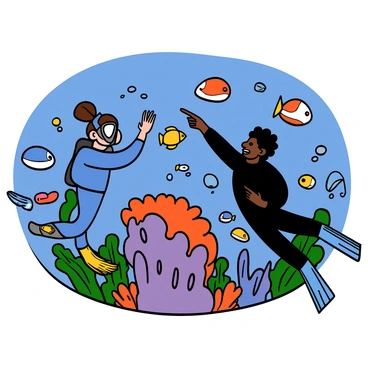 Two explorers are diving in a vibrant underwater world. The first explorer is a light-skinned woman with short brown hair, wearing a blue diving suit and a clear mask. She is reaching out to touch a bright yellow fish swimming nearby. The second explorer is a dark-skinned man with short, curly hair, dressed in a black diving suit, pointing at a large coral formation in shades of purple and orange. Around them, numerous colorful fish of various shapes and sizes swim through the clear blue water, creating a lively scene filled with shades of green and blue coral reefs.