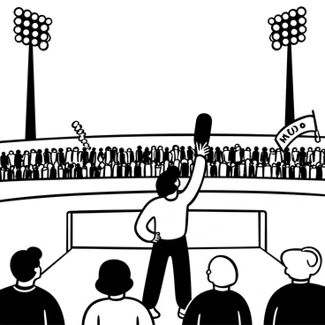 A sports fan wearing a team jersey is standing in the bleachers of a stadium, surrounded by cheering spectators. The fan is looking up at the giant floodlights that are mounted on tall poles, casting bright light onto the field below. The field is marked with white lines and a goalpost is visible in the distance. The atmosphere is charged with excitement, and the fan is holding a foam finger high above their head. Banners and team flags are waving in the background, adding to the lively environment.