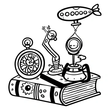 A detailed arrangement of steampunk gadgets, including a vintage pocket watch with intricate gears and cogs visible through a glass cover. Beside it, a mechanical arm with brass elements and a network of interconnected gears. A steam-powered device shaped like a lamp with a curved base and a chimney. An ornate pair of goggles with multiple lenses is placed on top of a weathered leather book filled with technical drawings. A small dirigible model hovers above the scene, with propellers and a gas bag clearly defined. All elements are illustrated in black ink, highlighting the complex mechanics and vintage aesthetics.