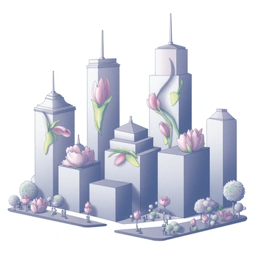 A city landscape filled with towering skyscrapers constructed from giant flowers. Each skyscraper is designed with large, vibrant petals that serve as windows, creating a unique and organic architectural style. The petals are intricately detailed, showcasing their texture and shape. Surrounding the buildings, there are pathways lined with smaller flowers and greenery, adding to the overall floral theme of the city. The scene captures a lively urban environment, with people walking and interacting among the imaginative structures.