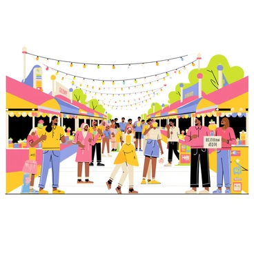 A lively street festival scene filled with colorful booths and performers. The booths are adorned with vivid decorations and display various handmade crafts and snacks. In the foreground, performers in bright costumes engage the crowd with exciting acts, such as juggling and dancing. Above the scene, flashing string lights are draped across the street, casting a warm glow over the festivities. People of different ages and backgrounds are enjoying the atmosphere, some holding colorful drinks and others capturing moments with cameras.