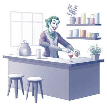 A joker standing behind a wooden counter in a cozy café. He is serving drinks with a cheerful expression and a big smile. The joker is wearing a vibrant outfit with a mix of patterns and textures, including a ruffled collar. His hands are skillfully pouring a drink into a glass, showcasing his playful nature. The café has a warm atmosphere, with small tables and chairs arranged around, and a shelf filled with various beverages in the background. Decorative elements like potted plants and colorful mugs add to the inviting ambiance of the scene.
