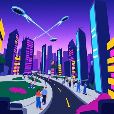 A futuristic city with flying cars and neon lights, created entirely in vectors