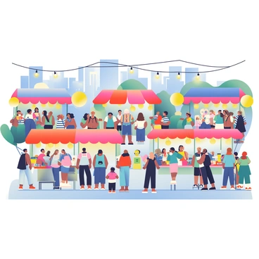 A lively night market is filled with colorful stalls featuring vibrant canopies in shades of red, blue, and yellow. Each stall is adorned with bright lanterns, casting warm light over the area. The market is bustling with crowds of diverse people, including families and groups of friends, all engaged in lively conversations. Some individuals are browsing through the stalls, while others are enjoying street food from vendors. There are strings of lights hanging overhead, adding to the festive atmosphere. In the background, the silhouettes of tall buildings can be seen against the night sky.