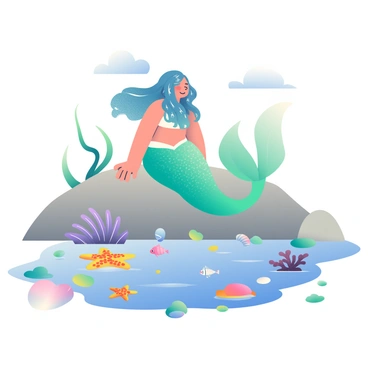 A mermaid with long flowing hair, shimmering scales in shades of blue and green, is peeking into a tide pool during low tide. She is perched on a smooth rock, her tail cascading over the edge and glistening in the sunlight. The tide pool is filled with various sea creatures including starfish with orange and purple spots, delicate sea anemones swaying gently, and small fish darting among colorful pebbles. The surrounding area is dotted with seashells and seaweed, adding texture to the scene. The background features a clear blue sky with a few fluffy white clouds.