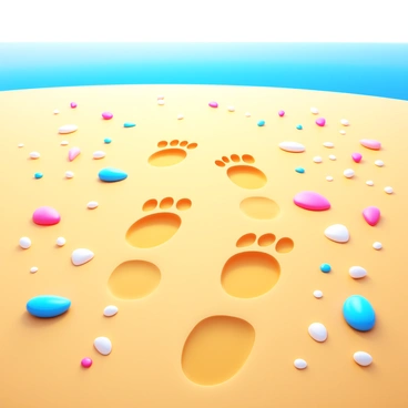 Footprints leading away from the viewer on a beach covered with small, colorful shells. The sand appears slightly wet, glistening under the sunlight. The footprints are distinct and show a deep impression in the sandy surface. Various shells, in shades of pink, white, and blue, are scattered around the footprints, adding texture to the scene. The horizon is visible in the distance, where the sky meets the ocean, creating a sense of vastness.