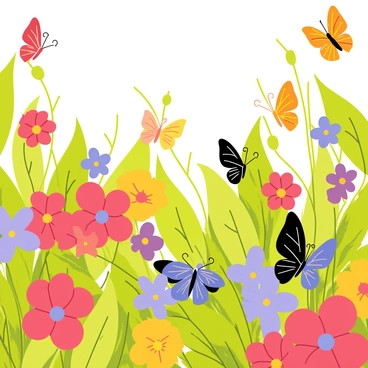 A vibrant garden filled with an array of flowering plants, showcasing blossoms in shades of red, yellow, and purple. Several butterflies with colorful wings are flitting around the garden; each butterfly is distinct in color, featuring patterns of orange, blue, and black. The scene captures the butterflies gracefully weaving between the blossoms, with green leaves providing a lush background. The sunlight casts a warm glow over the entire garden, enhancing the colors of the flowers and the delicate wings of the butterflies.