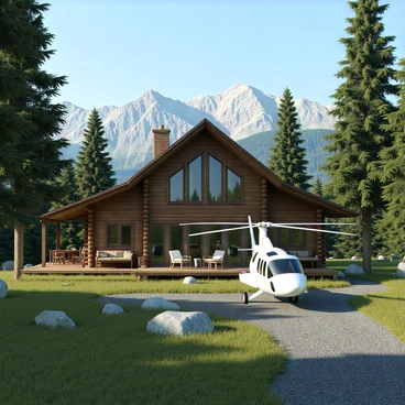 A sleek private helicopter with a glossy white finish, featuring an elegant design and rotor blades, is parked beside a luxurious log cabin made of rich, dark wood. The cabin has large windows and a spacious porch with comfortable outdoor furniture. Surrounding the cabin is a dense forest with tall evergreen trees and a rugged mountainous backdrop. The ground is covered with patches of green grass and rocks, emphasizing the remote wilderness area. A clear blue sky overhead adds to the tranquil atmosphere of the scene.