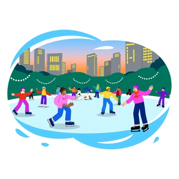 A lively urban scene with numerous ice skaters gliding on a frozen pond in a city park. Skaters of various ages and skill levels are showcasing their skills, some performing spins and jumps while others simply enjoy a leisurely skate. The park is surrounded by tall buildings, and a few trees are decorated with lights. In the background, families can be seen watching and cheering. A colorful snowman with a scarf stands nearby, adding to the festive atmosphere. The sky is clear with a hint of sunset colors illuminating the scene.
