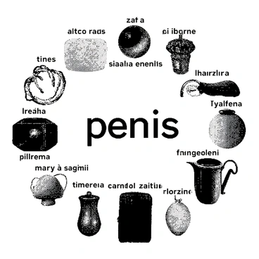 An illustration features a variety of objects representing different cultures around the world, arranged in a circular pattern. Each object is labeled with the term for "penis" in various languages, displayed in bold, clear lettering. The objects include traditional items from different regions, each symbolizing the culture it represents. The background consists of a simple design that complements the objects, ensuring that the focus remains on the words and their significance.