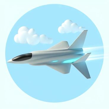 A sleek, futuristic supersonic jet, featuring a streamlined metallic body with sharp angles and glowing blue accents. The jet is soaring through a clear blue sky, leaving a trail of white vapor behind it. Its wings are designed in a delta shape, reflecting sunlight with a polished finish. The background showcases a few fluffy white clouds, creating a contrast against the vibrant blue.
